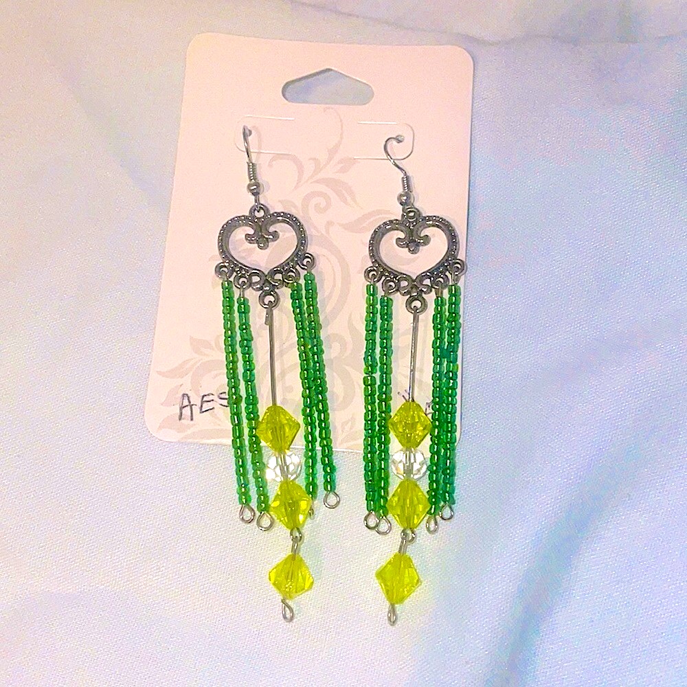 New Heart Dangle Earrings Beaded Handmade Green And Silver.